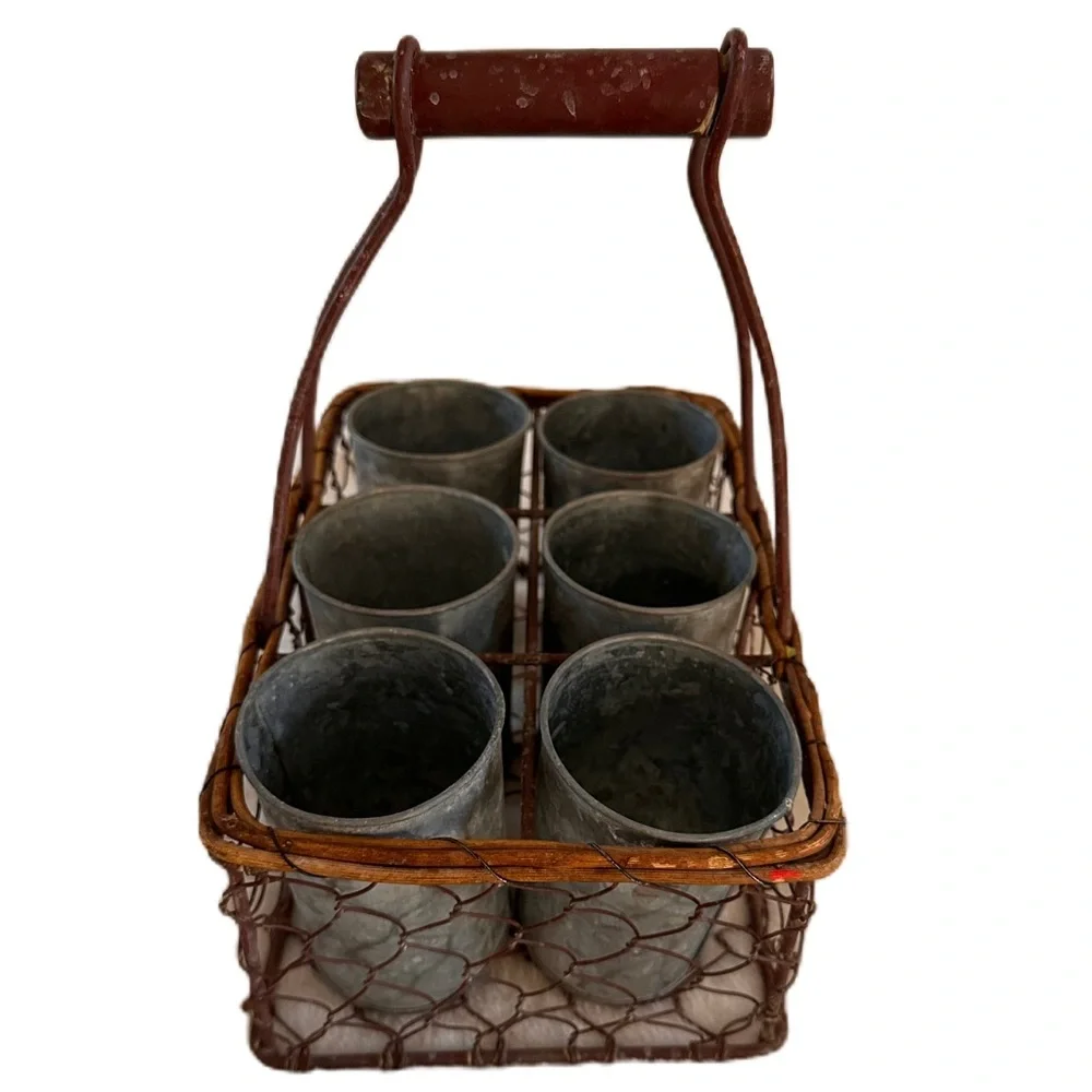 French Basket Farmhouse Rustic Wire Handle‎ 6 Cup Galvanized Metal Herb Pots